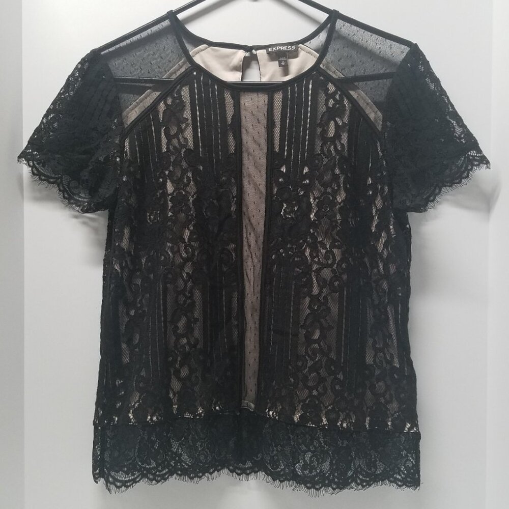 Express Black Lace and Mesh Short Sleeve Blouse